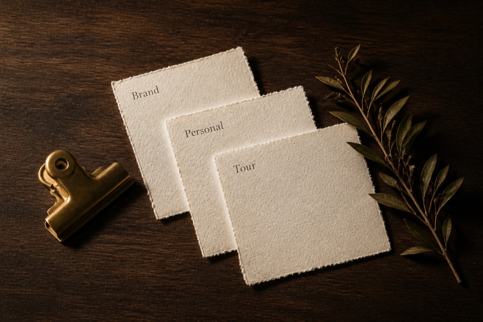 Brand, personal, and tour face cards on a desk