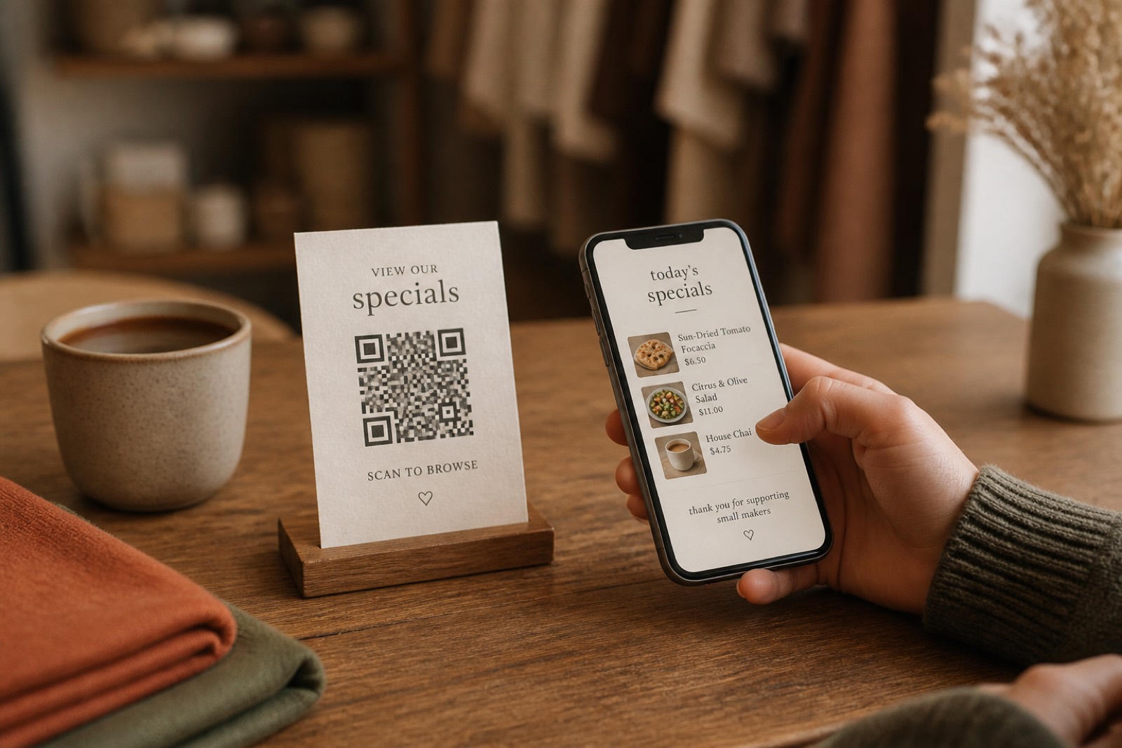 Cafe table with a QR tent card and phone specials